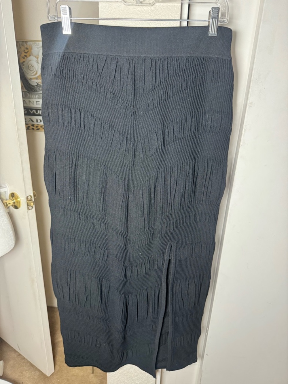 Adrienne Landau Black Textured Midi Skirt with Front Slit